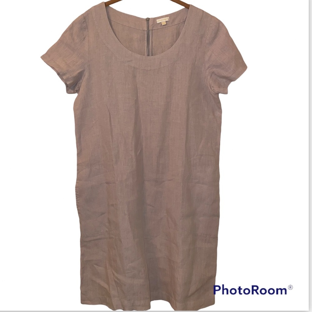 Bensimon Women's Dress Sz M 100% Linen Short Sleeve Khaki Pocket
